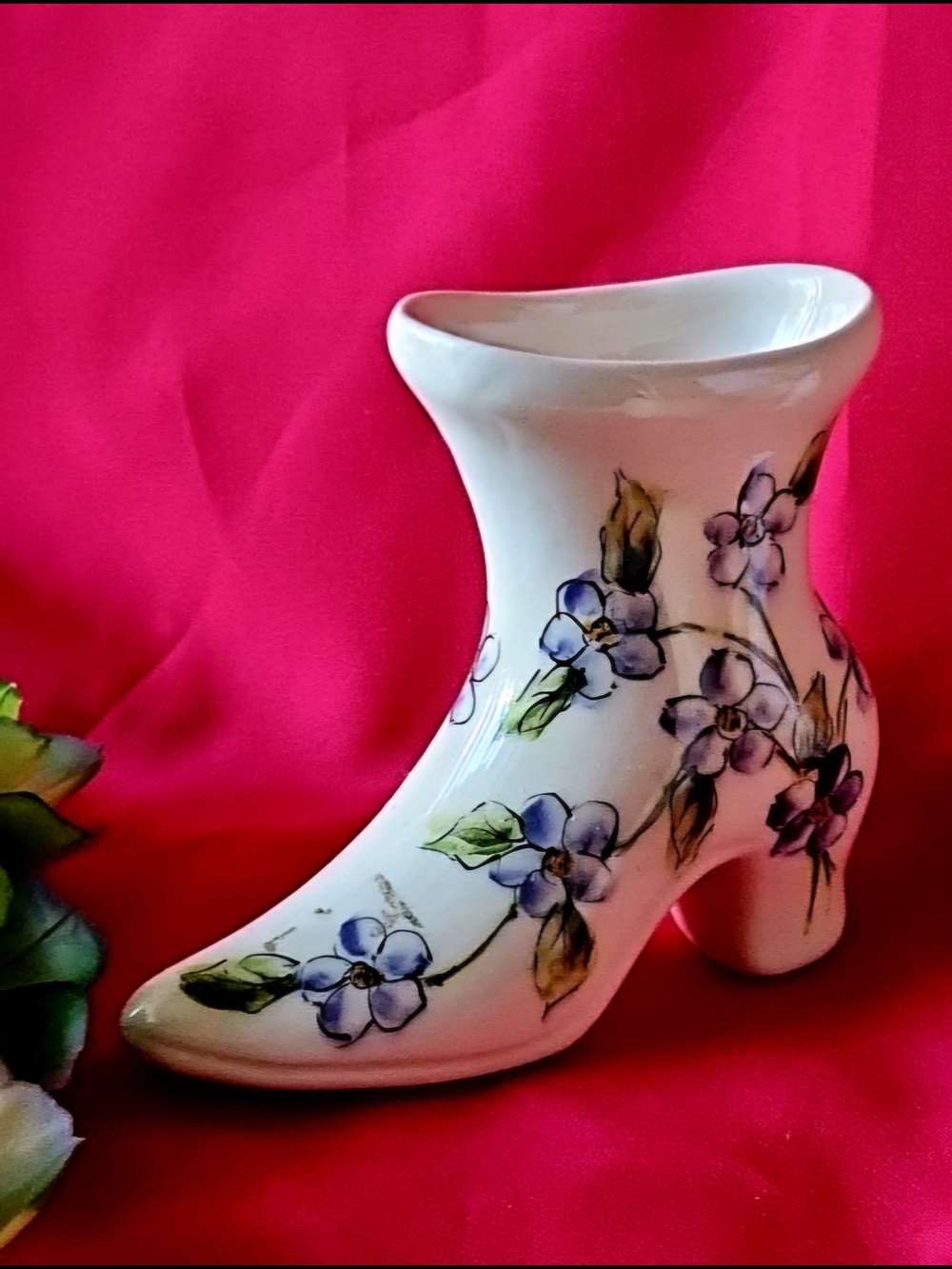 White Ceramic Floral Boot Vase with Purple Flowers